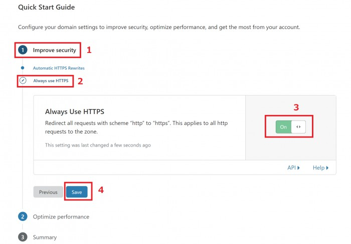 CloudflareでDone、 check nameserversをクリックしたあと、lways Use HTTPSに変更します。