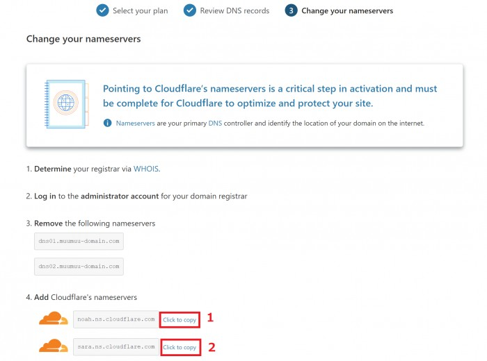 Cloudflareのネームサーバー名の右側にあるClick to Copyをクリックして、コピーします。